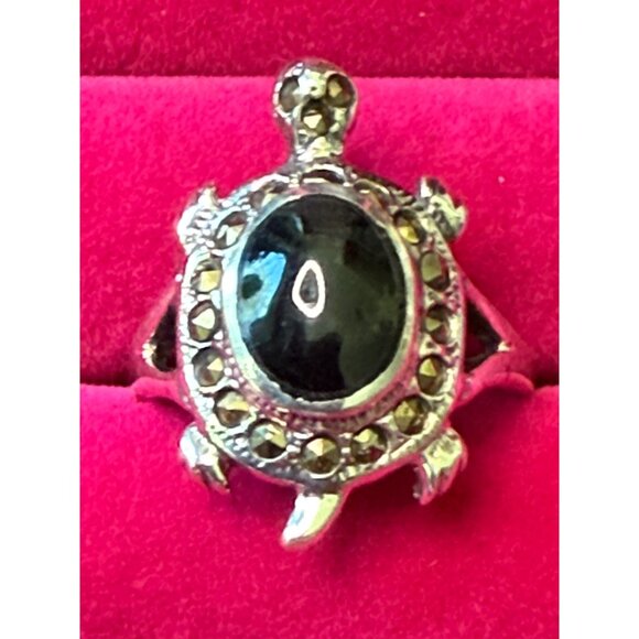 Vintage Turtle Ring With Black Onyx Stone & Marcasite Accents 8.75 - Picture 1 of 7